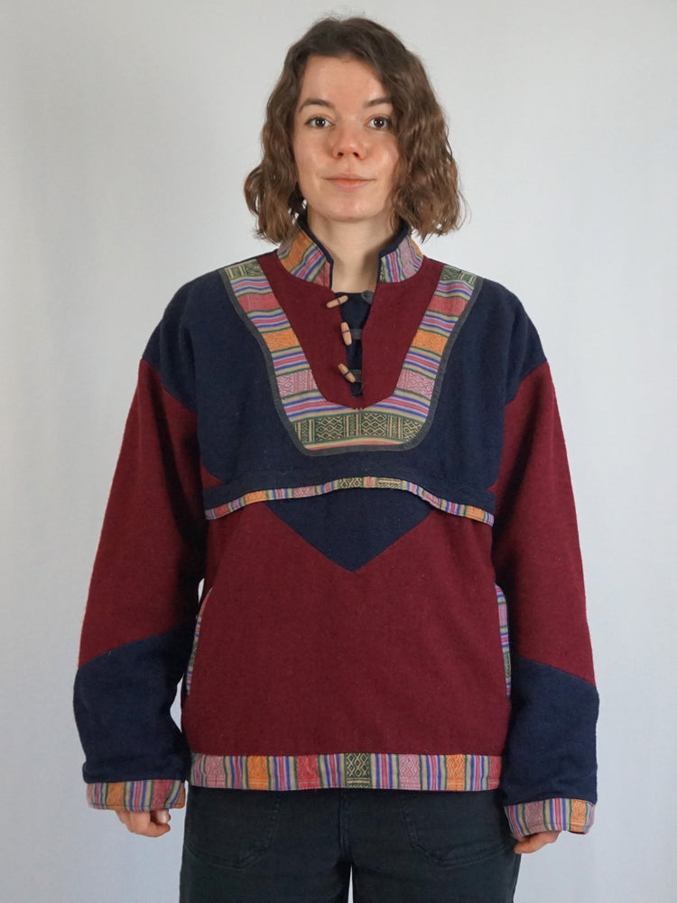Navy & Burgundy Smock Pullover - M