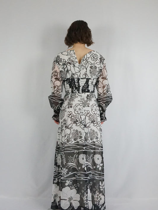 Black and White Floral Maxi Dress - S