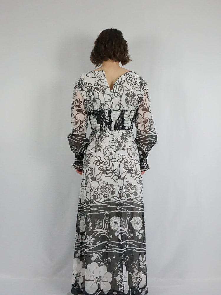 Black and White Floral Maxi Dress - S