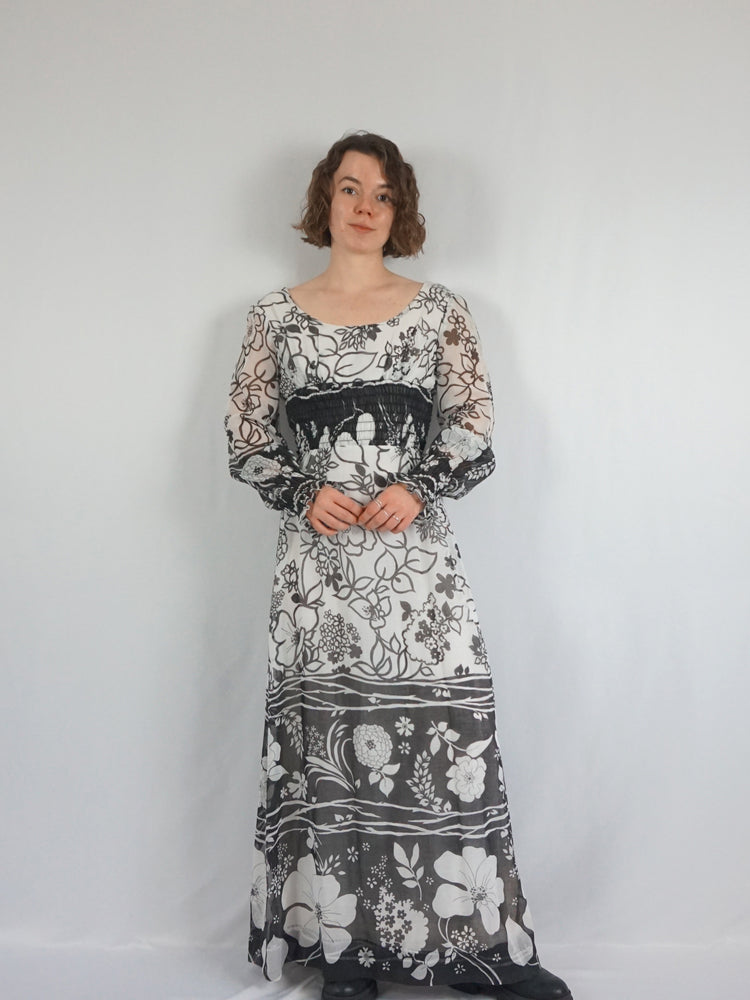 Black and White Floral Maxi Dress - S