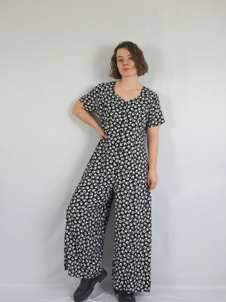 Black and White Floral Jumpsuit - L