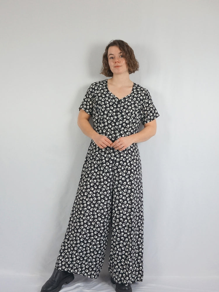 Black and White Floral Jumpsuit - L