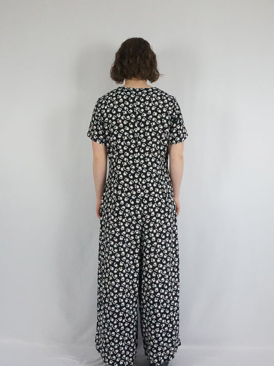 Black and White Floral Jumpsuit - L