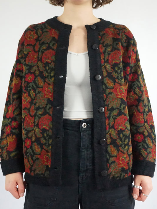 Black Floral Knit Cardigan - M/L