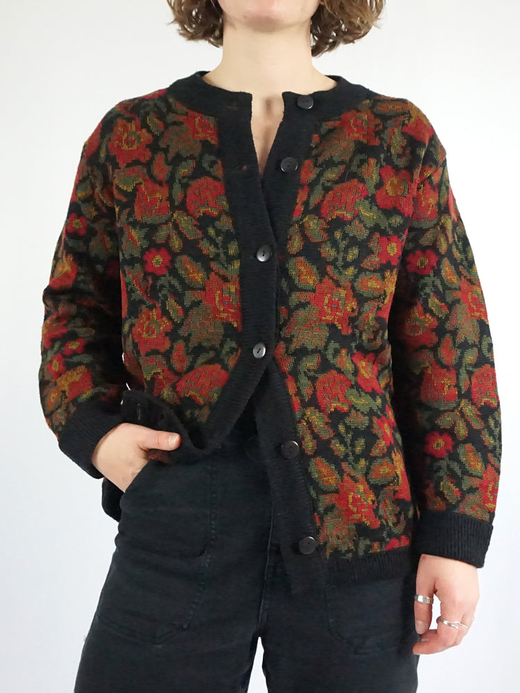 Black Floral Knit Cardigan - M/L