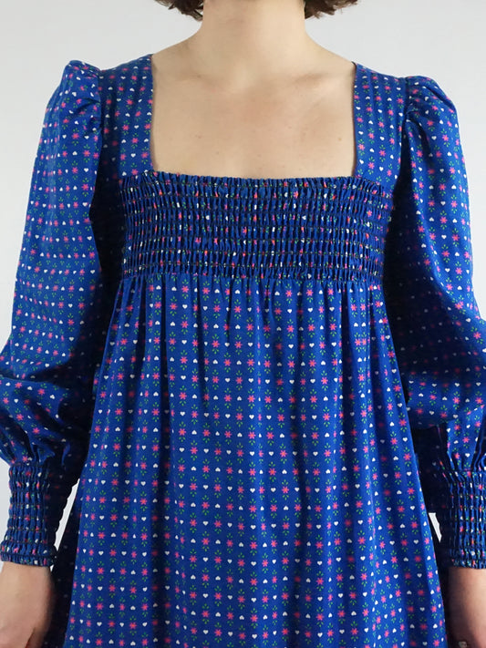 Floral & Heart Patterned Balloon Sleeve Dress - S