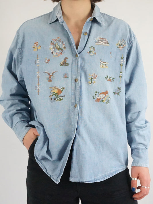 Denim Cottagecore Embroidered Shirt - L