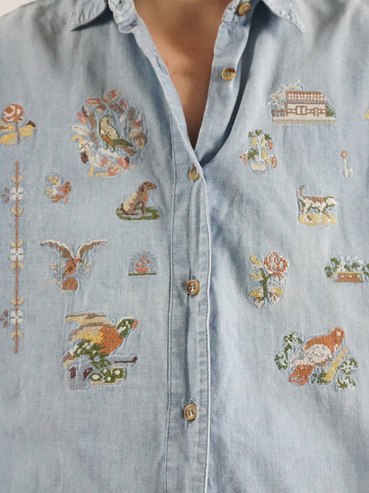 Denim Cottagecore Embroidered Shirt - L