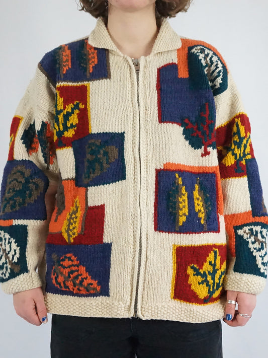 Autumnal Leaf Patterned Cardigan - XL