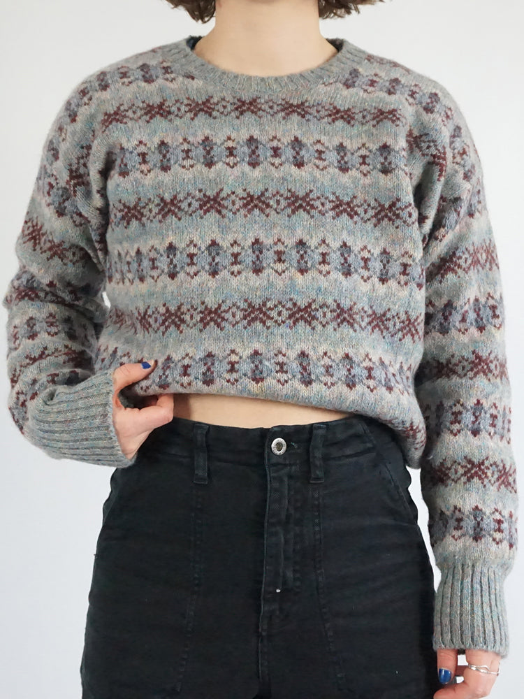 Blue Patterned Wool Jumper - S