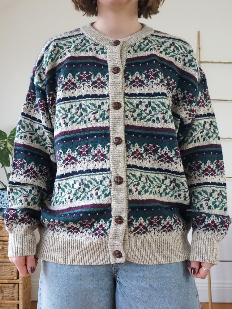 Beige & Green Patterned Cardigan - L