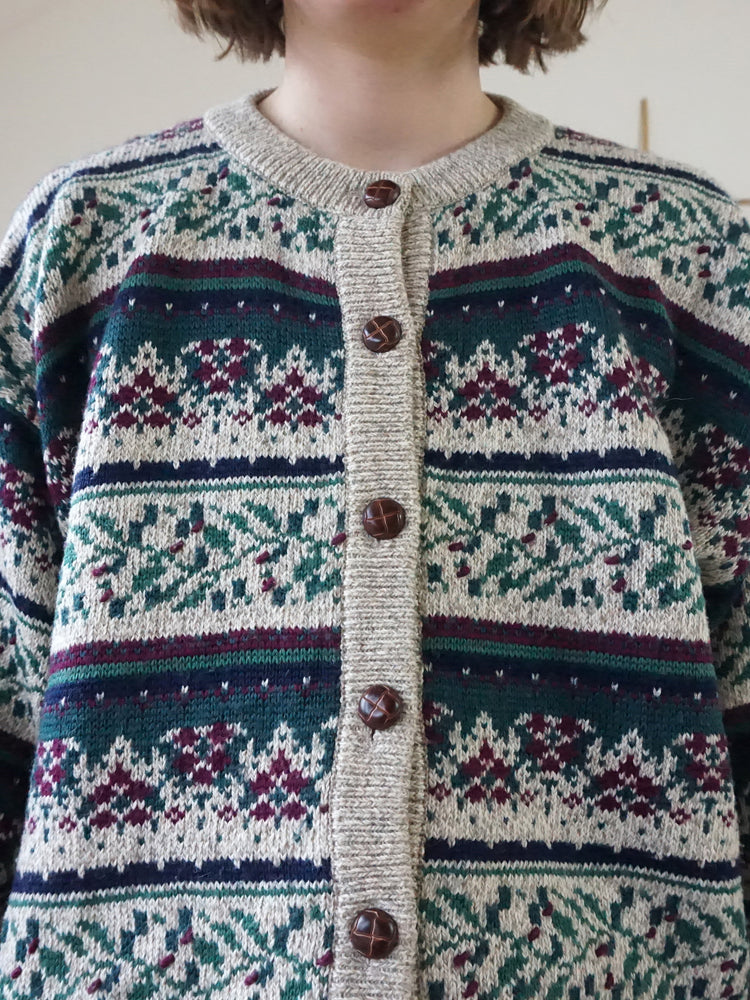 Beige & Green Patterned Cardigan - L