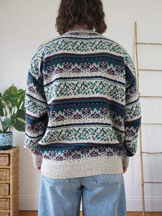 Beige & Green Patterned Cardigan - L