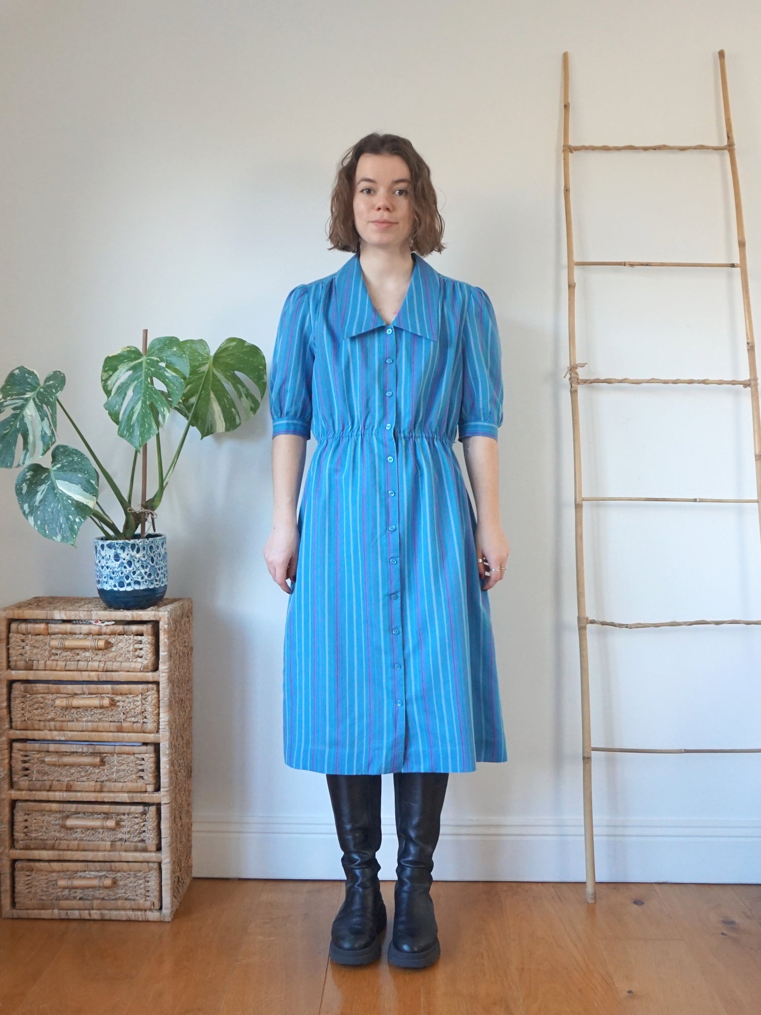 Vintage 80s Blue Striped Midi Dress - M