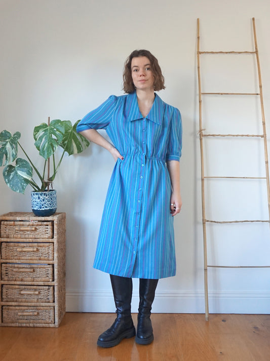 Blue Striped Midi Dress - L