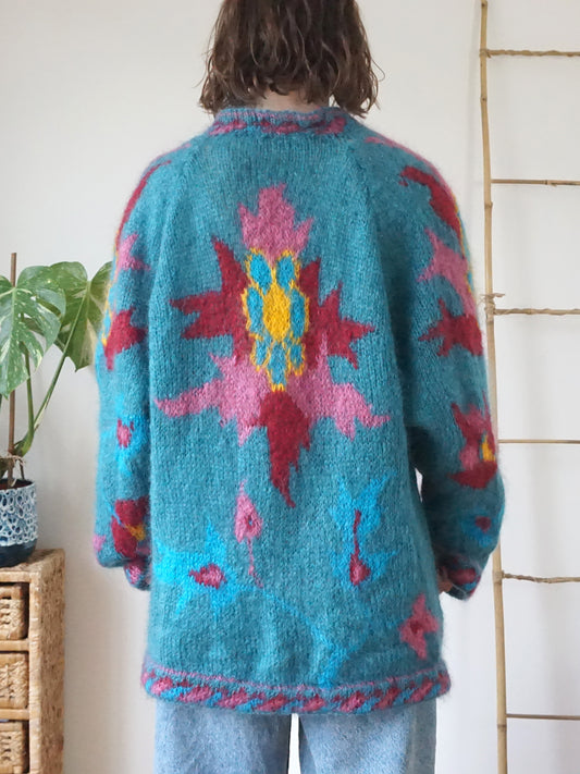 Teal Mohair Patterned Cardigan - XL
