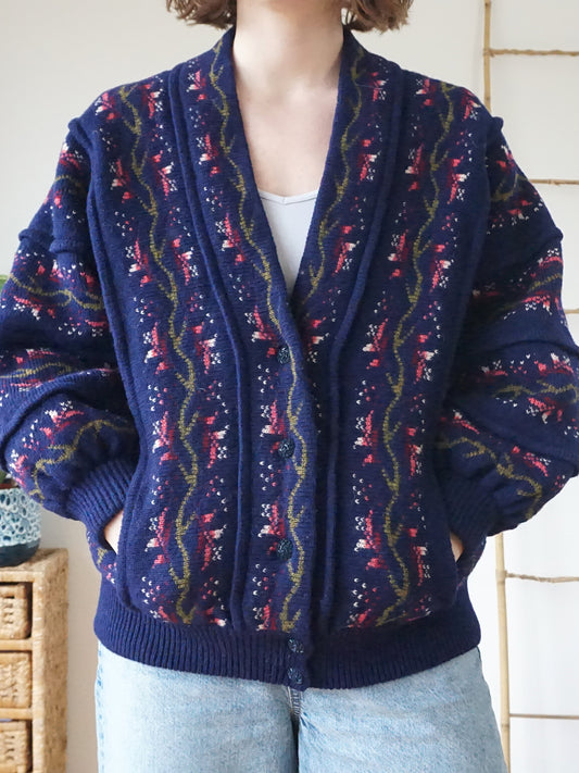 Floral Wool Balloon Sleeve Cardigan - L