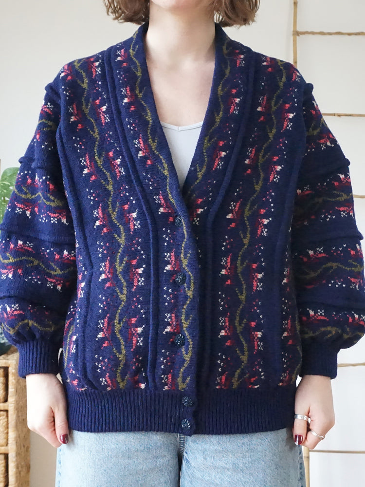 Floral Wool Balloon Sleeve Cardigan - L