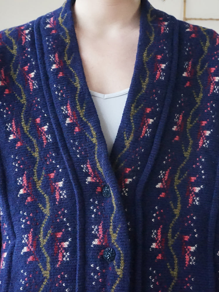 Floral Wool Balloon Sleeve Cardigan - L
