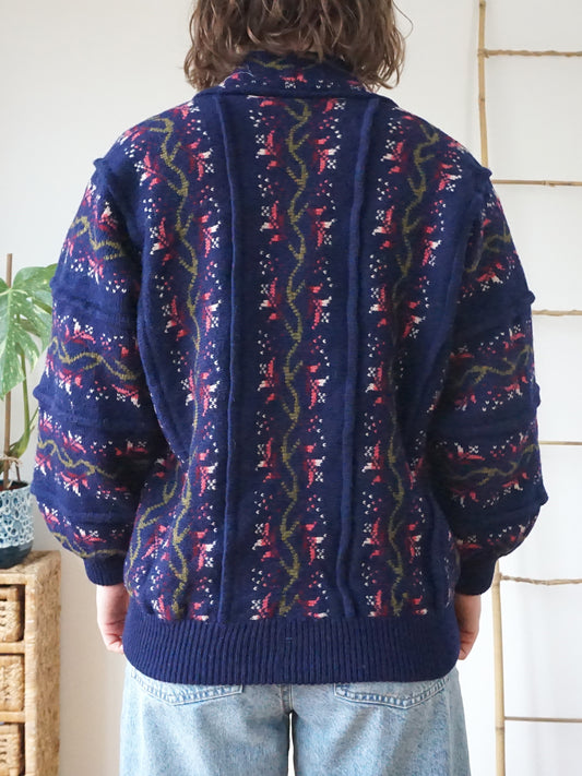 Floral Wool Balloon Sleeve Cardigan - L