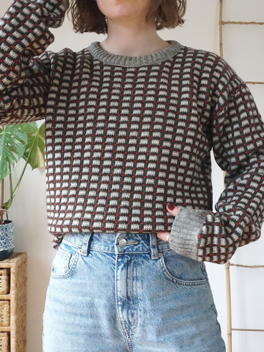 Grey Patterned Wool Jumper - M