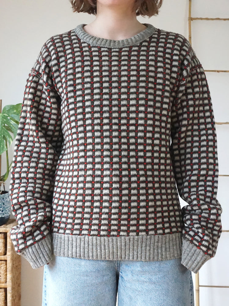 Grey Patterned Wool Jumper - M