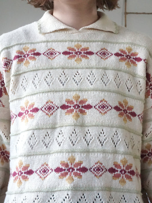 Collared Cotton Patterned Jumper - M