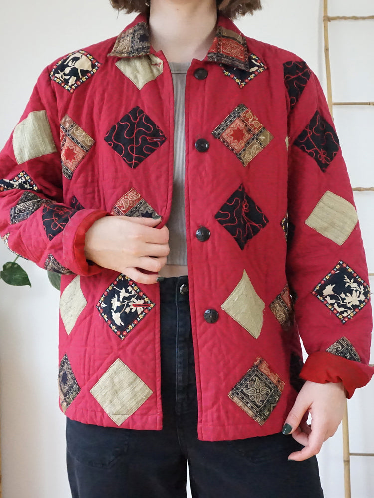 Red Quilted Patchwork Jacket - L