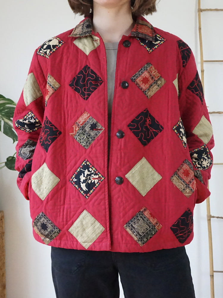 Red Quilted Patchwork Jacket - L