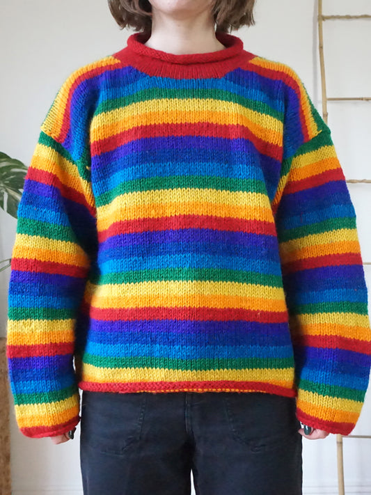 Rainbow Striped Chunky Wool Jumper - L