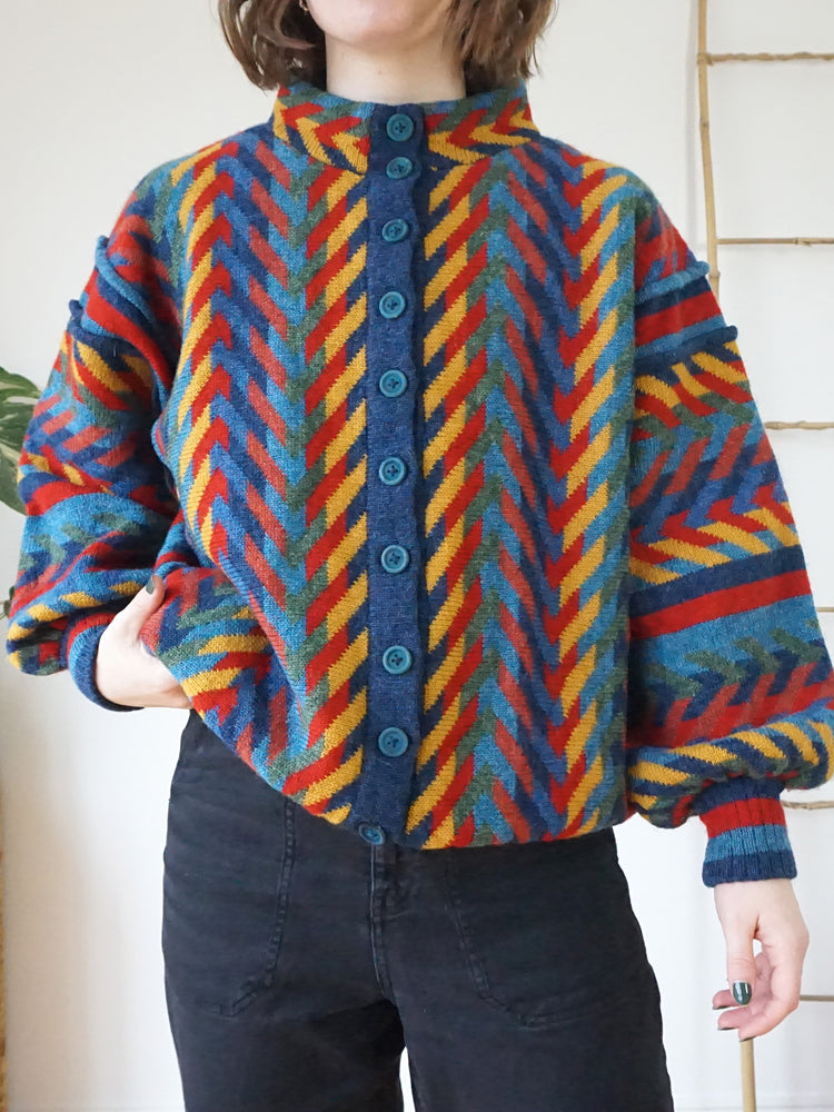 Balloon Sleeve Patterned Cardigan - L