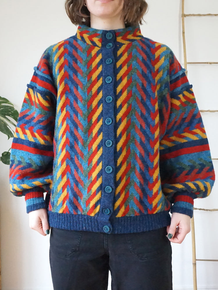 Balloon Sleeve Patterned Cardigan - L