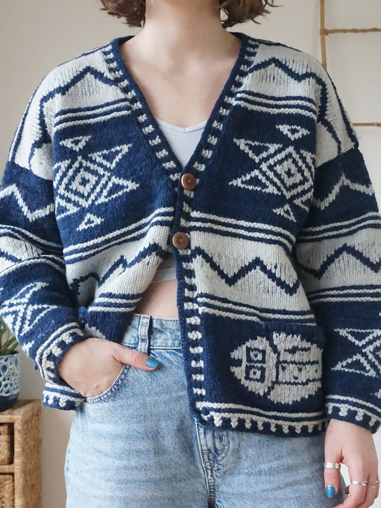 Amano Navy Patterned Cardigan - L