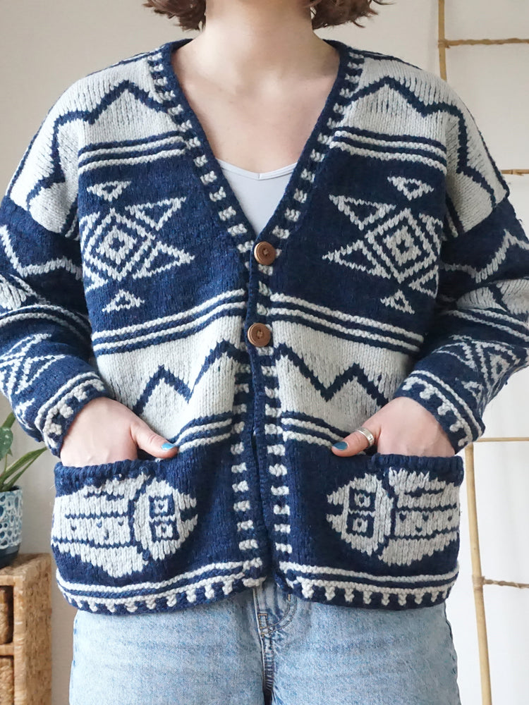 Amano Navy Patterned Cardigan - L