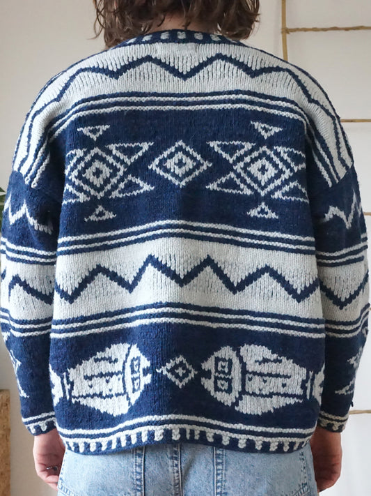 Amano Navy Patterned Cardigan - L