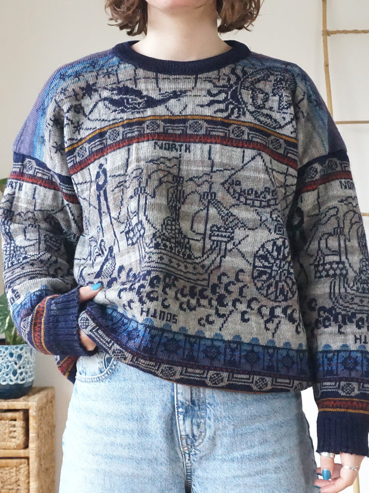 Nautical Celestial Inspired Wool Jumper - L