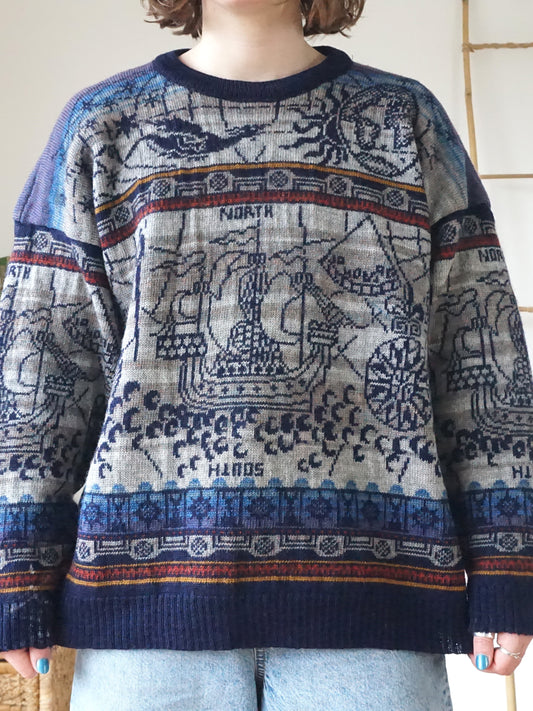 Nautical Celestial Inspired Wool Jumper - L