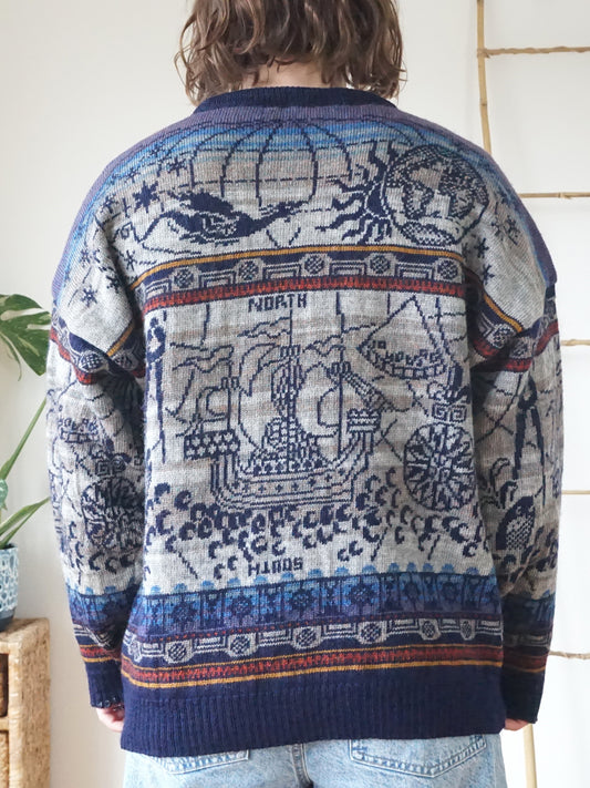 Nautical Celestial Inspired Wool Jumper - L