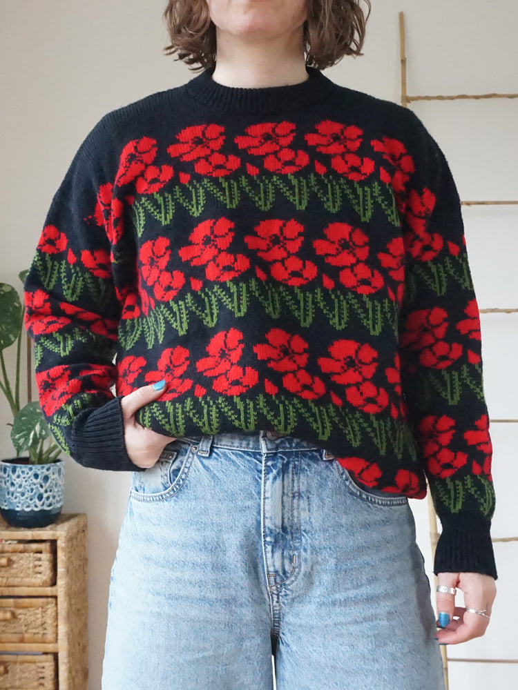 Black Poppy Patterned Jumper - M/L