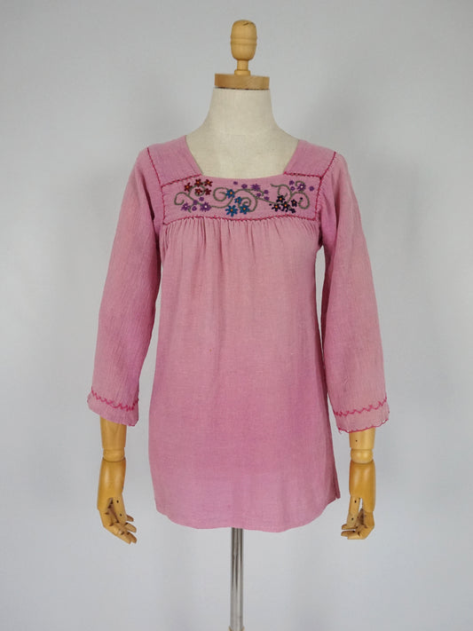 Pink Cheesecloth Embroidered Smock Shirt - XS