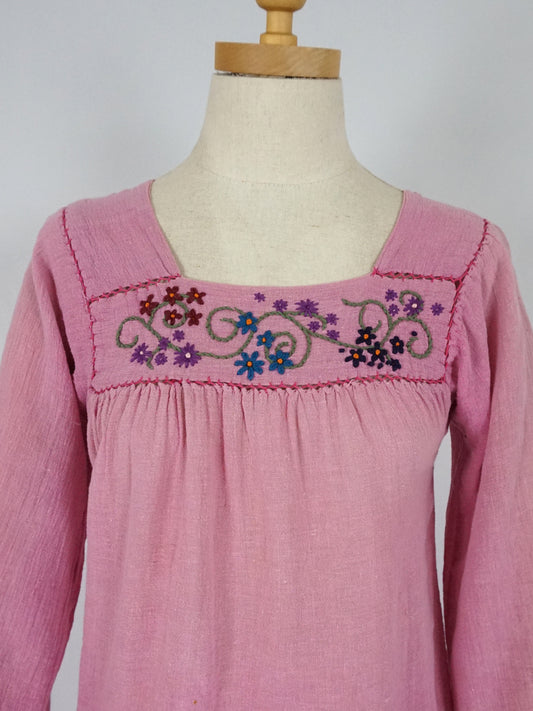 Pink Cheesecloth Embroidered Smock Shirt - XS