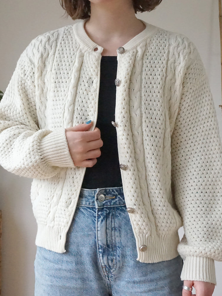 White Cable Knit Cardigan - M/L