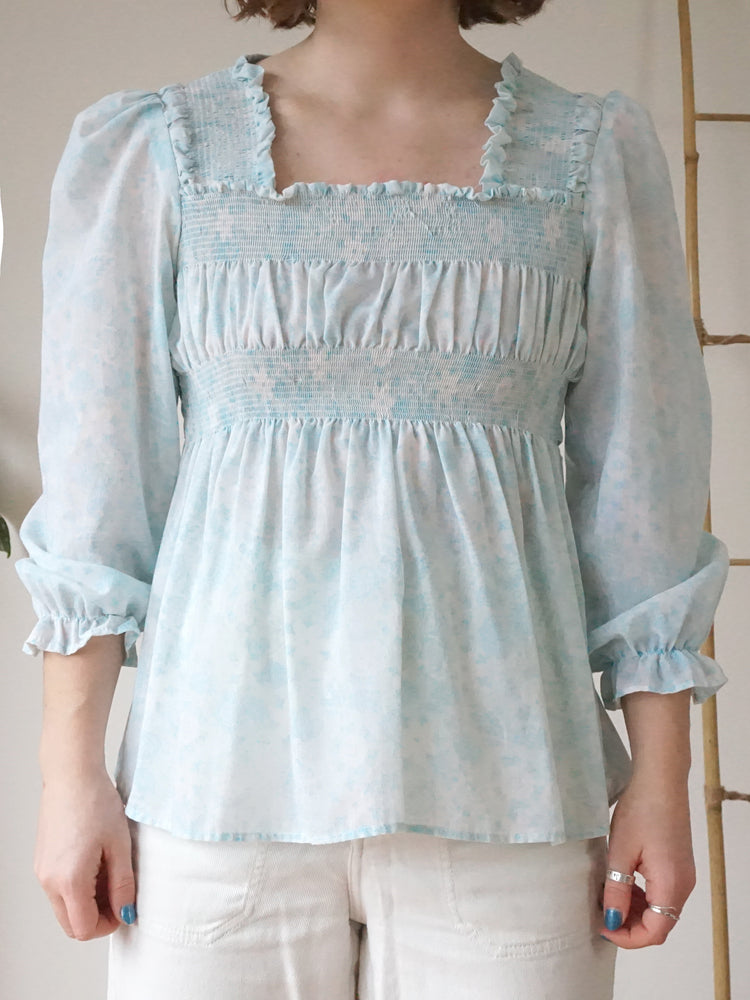 Blue Floral Smocked Shirt - S
