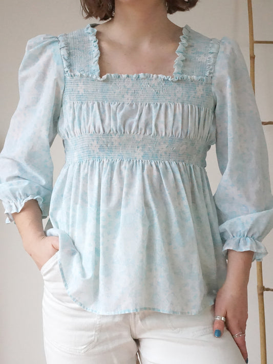 Blue Floral Smocked Shirt - S
