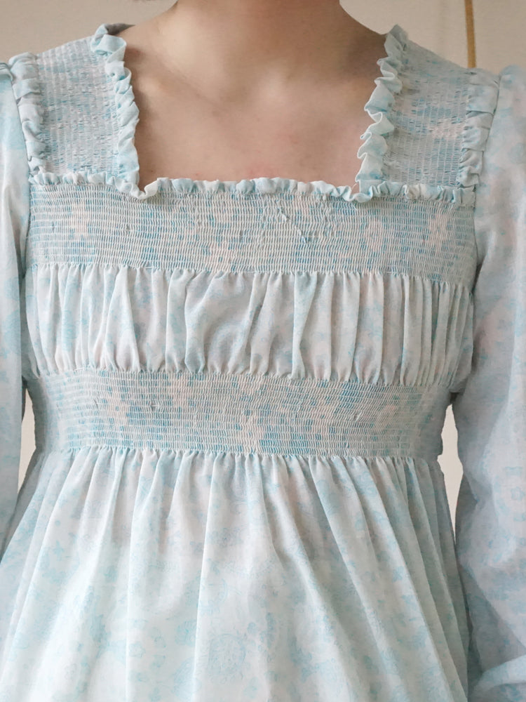 Blue Floral Smocked Shirt - S