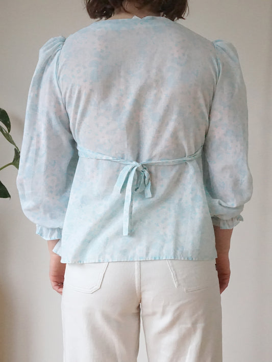 Blue Floral Smocked Shirt - S