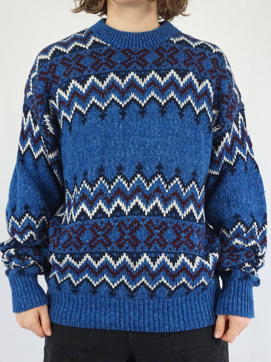 Blue Patterned Cotton Jumper - L