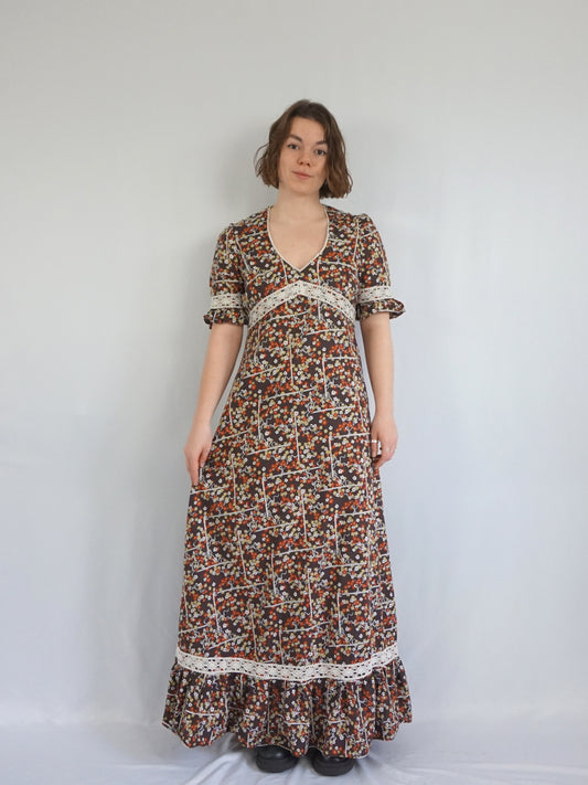 Brown Ditsy Floral Cotton Prairie Dress - M