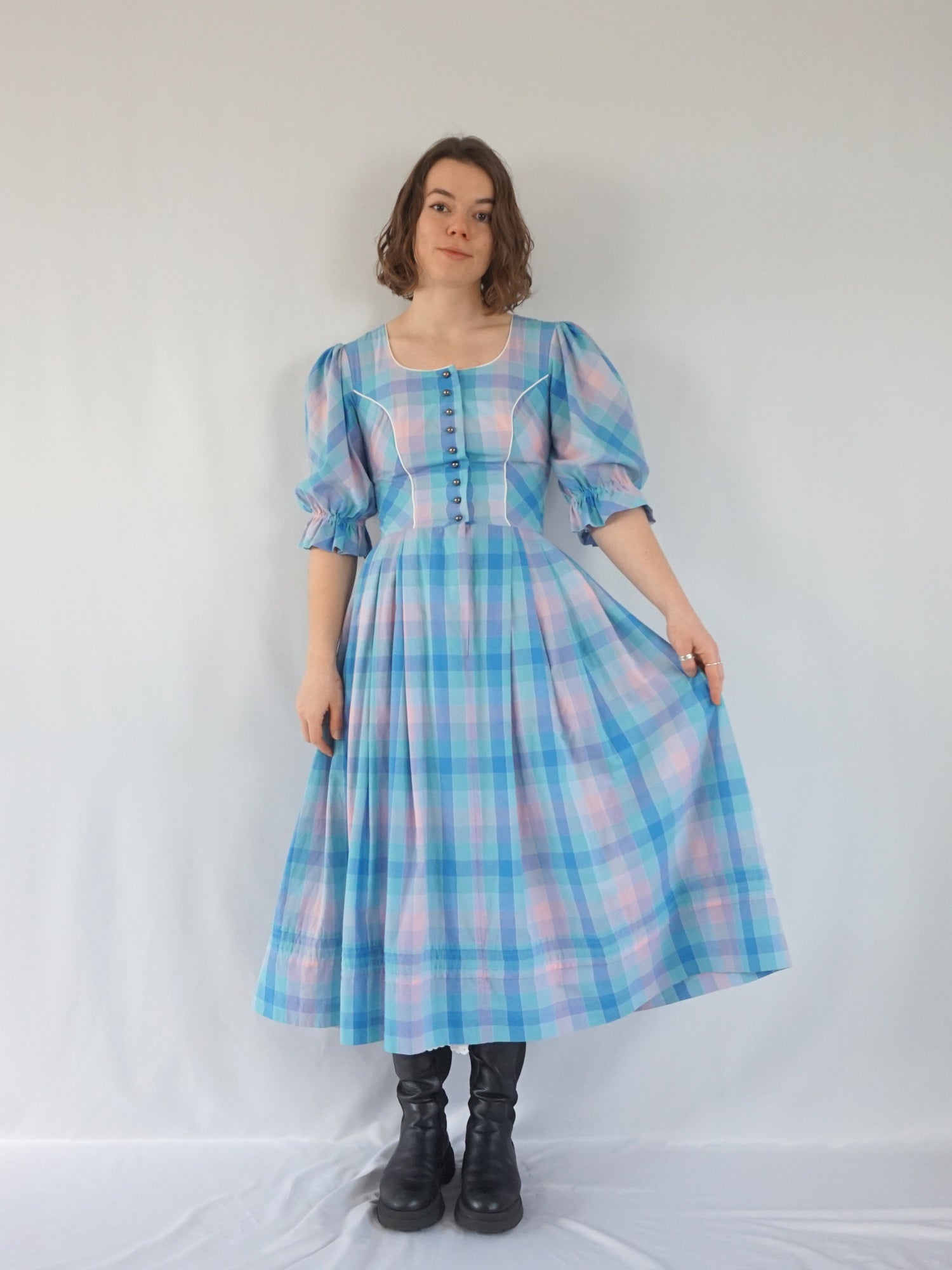 Vintage 80s Blue & Pink Checkered Dirndl Dress - S | Reloved Studio Vintage 80s Blue & Pink Checkered Dirndl Dress - S | Reloved Studio