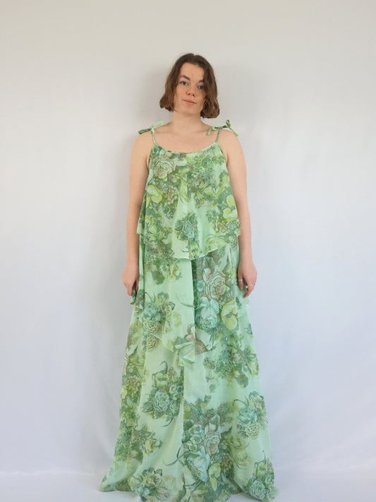 Green Floral Layered Dress - M